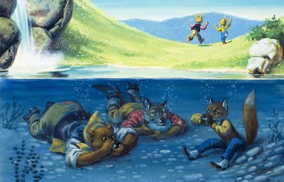 Bär, Wolf und Fuchs verstecken sich unter Wasser (Gouache auf Papier) von English School